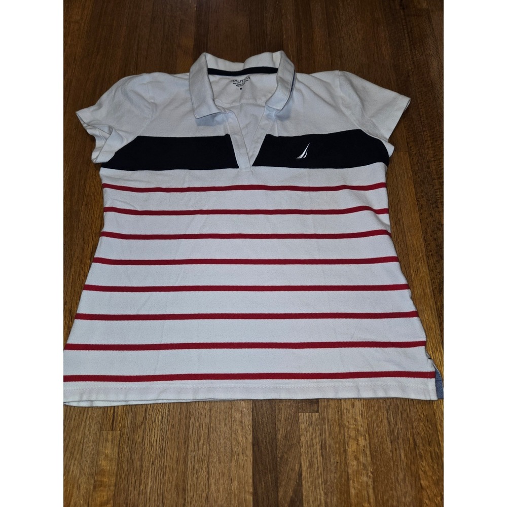 Nautica Women Med Navy Red White Stripe Golf Split Neck Collar Short Sleeve Polo